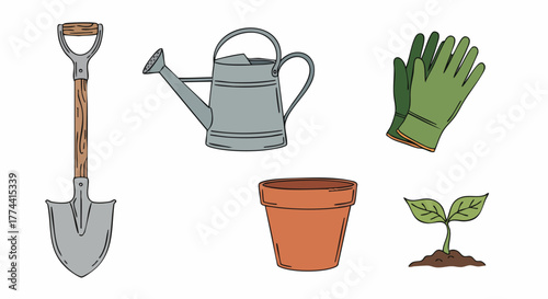 Gardening tools and planting essentials hand drawn doodle vector illustration flatdesign horticulture plant flowerpot sprout shovel wateringcan gloves soil nature spring