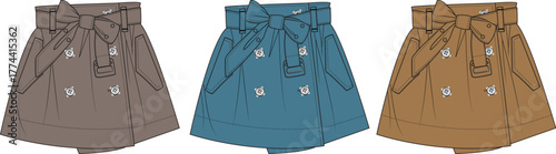 Three trendy skirt designs in different colors brown, teal, and gold, perfect for fashion illustrations