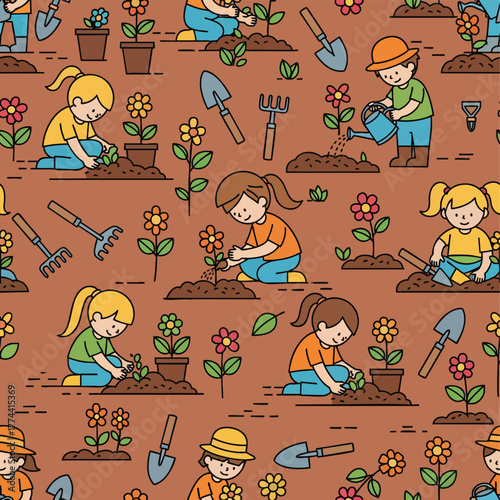 Adorable children planting watering flowers gardening tools seamless pattern vector illustration flat design spring garden kids activity happy nature growth