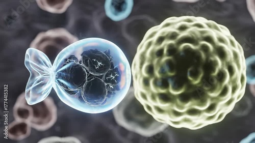 Cinematic 3D macro of autophagy: a glowing autophagosome envelops dark cellular debris and docks with a lysosome to create clean energy.