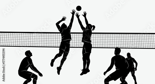 Volleyball players in silhouette jump at the net to block a ball during a game.