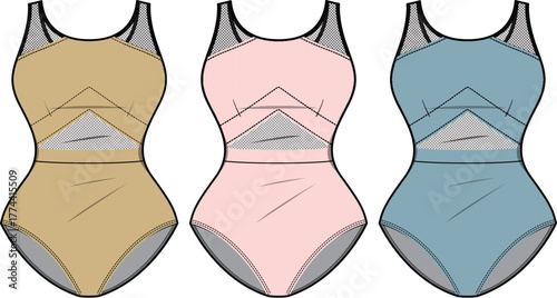 Colorful One-Piece Swimsuit Variations with Sheer Mesh Insets for Fashion Design