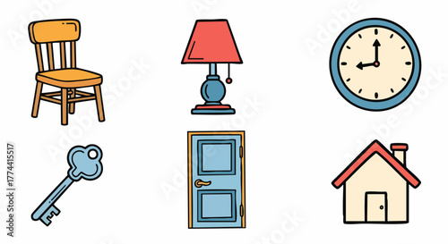 Simple set of everyday household items and objects home furniture decor time access building dwelling vector illustration flat design