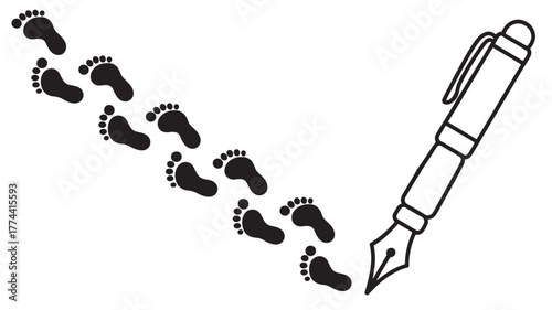 Footprints leading to a pen vector illustration showing the path of writing isolated on white background
