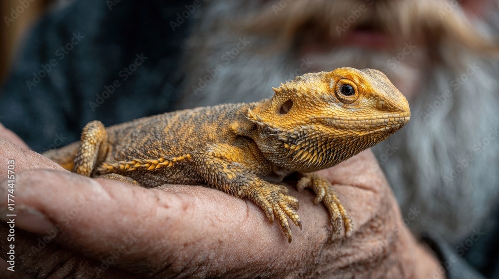 Fototapeta premium Man holds an orange bearded dragon