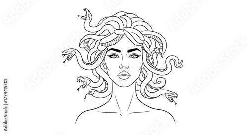 A black and white illustration of Medusa, a mythological figure, with snakes.