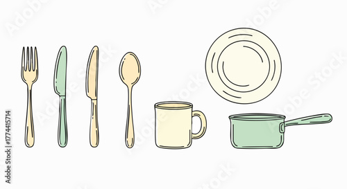 Minimalist kitchen utensils and dinnerware cooking elements flat design vector illustration isolated white background cutlery cookware mug plate
