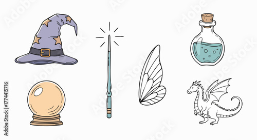 Charming fantasy magic collection wizard hat potion dragon crystal ball vector illustration flat design spell fairytale mystical witchcraft alchemy enchantment