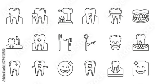 A collection of outlined illustrations depicting various dental procedures and tooth conditions.