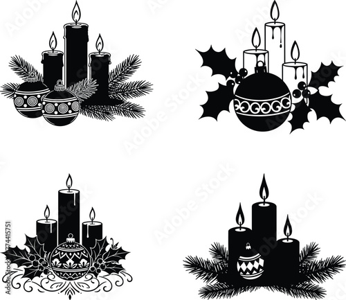 Elegant christmas candle arrangements with ornaments and pine sprigs festive holiday graphics