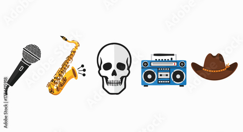 Music instruments skull hat flat design vector objects illustration microphone saxophone boombox cowboy skull graphic element symbols icons collection