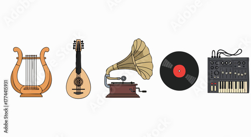 Evolution of music instruments from ancient to modern eras musical history sound audio technology vector illustration flat design