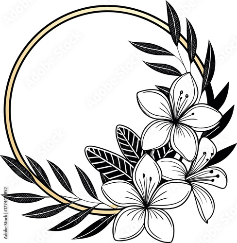 Elegant floral line art vector illustration featuring botanical design elements with leaves and blossoms, useful for invitations, logos, and decorative frames