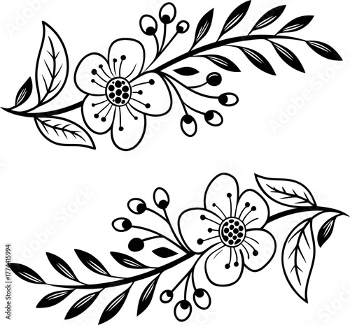 Elegant floral line art vector illustration featuring botanical design elements with leaves and blossoms, useful for invitations, logos, and decorative frames