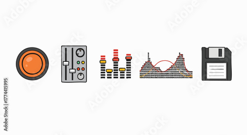 Audio production studio sound controls music data icons vector illustration flat design equalizer mixer disk button waveform