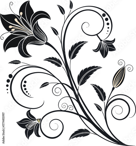 Elegant floral line art vector illustration featuring botanical design elements with leaves and blossoms, useful for invitations, logos, and decorative frames