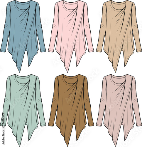 Fashionable collection of women's long-sleeve draped asymmetrical knit tops in various colors, showcasing modern casual apparel design templates for stylish feminine clothing