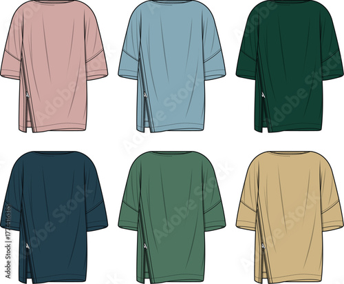 Collection of colorful women's casual tunic tops with an asymmetrical side zip detail. Garment design template fashion flat sketch vector