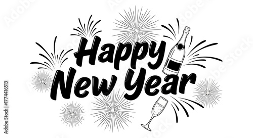 A black and white graphic with "Happy New Year" text, fireworks, a champagne bottle and a champagne glass.