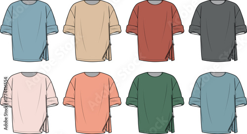 Women's oversized tunic sweatshirt technical flat vector template. Long sleeve top with side slit detail and rolled cuffs in multiple color palettes