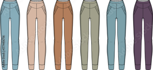Technical fashion flats illustrating various styles of women's jogger pants in multiple colors, perfect for modern casual wear design concepts and apparel showcasing