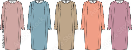 Dress Illustrations Five Color Variations of a Fashionable Design