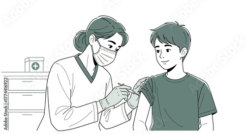 A healthcare professional administering a vaccination to a young patient in a medical setting.