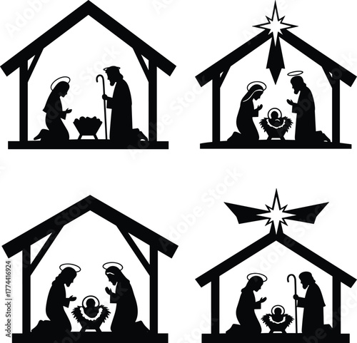 Classic christmas nativity scene silhouettes religious holiday icon set festive decorations
