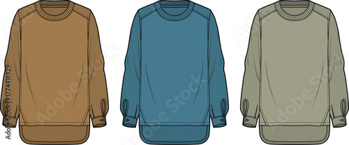 Collection of classic long-sleeved pullover sweatshirts with raglan sleeves. Vector technical flat sketch set for apparel design and fashion templates