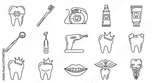 A collection of dental care icons featuring teeth, toothbrush, floss, toothpaste, and dental tools in a line art style.