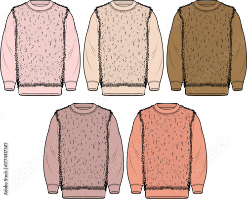 Set of women's long sleeve sweaters with a fluffy faux fur front panel. Fashion flat technical sketch vector illustration in multiple colorways