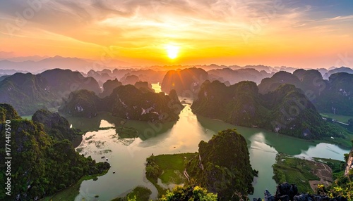Breathtaking Sunset Over Ninh Binhs Karst Landscape in Vietnam.
