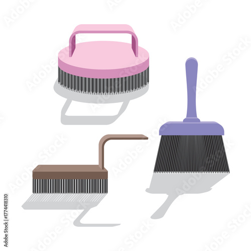 Violet brush, pink round brush, brown brush with handle for clothes and shoes or paint brush isolated on a white background. Broom for sweeping. Set or collection. Brushes with shadows
