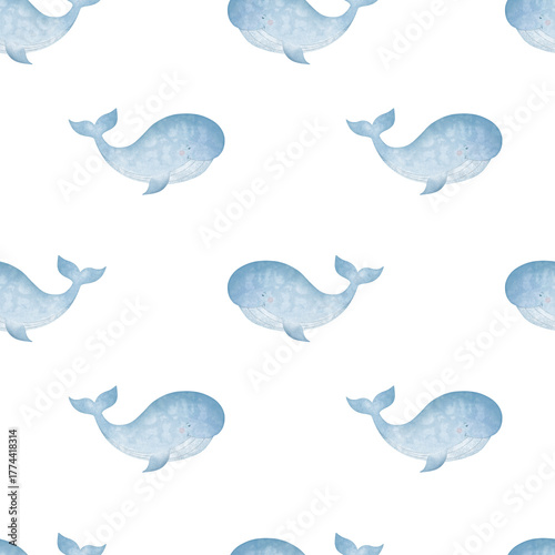 Seamless children's pattern with cute blue whales watercolor on a white background.