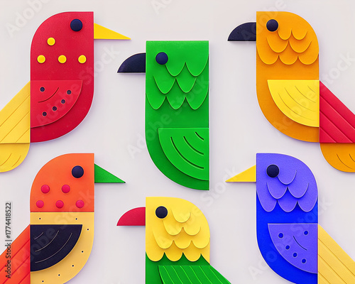 Vibrant collection of stylized geometric birds created in a layered paper-cut style. Each bird features bold shapes in red, yellow, green, orange, blue, and purple tones.
