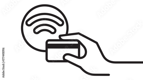 Contactless payment icon a simple line drawing of a hand holding a credit card near a wireless symbol for app and web design