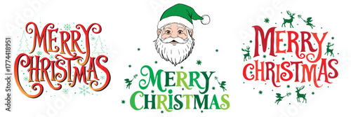 Merry Christmas lettering. A set of three vector illustrations for Christmas and New Year's design.