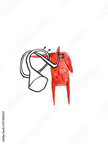 Watercolor people. Hand paint watercolor stick figure illustration. Red character people. Speech. Music man. Heart. Man with trumpet. Music festival.
