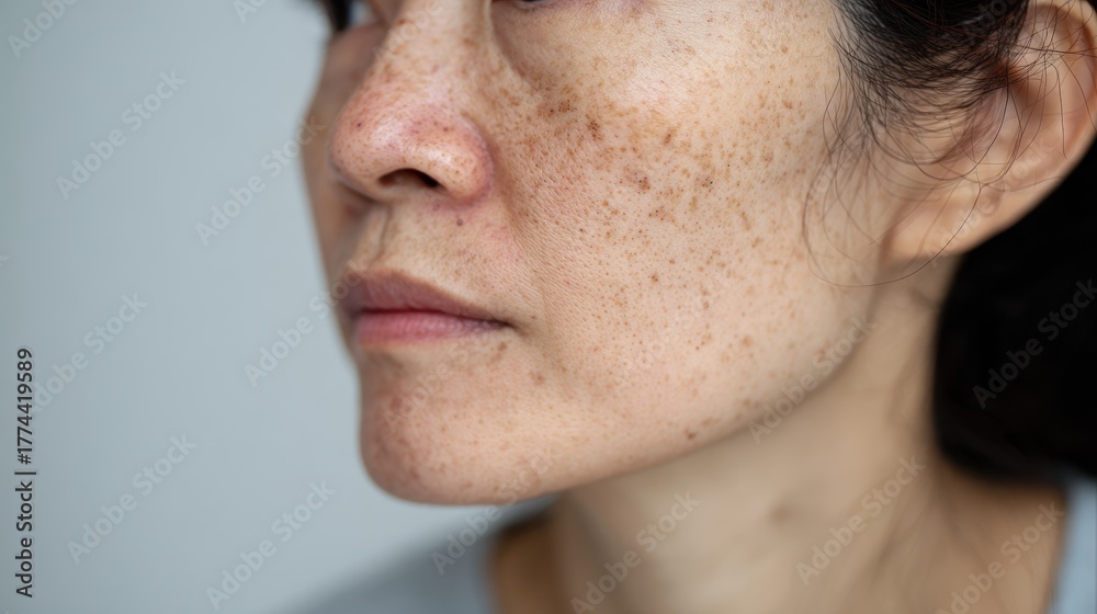 Obraz premium Facial issues such as freckles dark spots and wrinkles on Asian women s faces highlight expressions like frowning blood blemishes and rough skin set against a white background