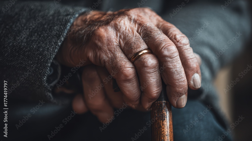Fototapeta premium Close up of an elderly man in a home showing hands a walking stick and a wedding ring evoking grief and nostalgia