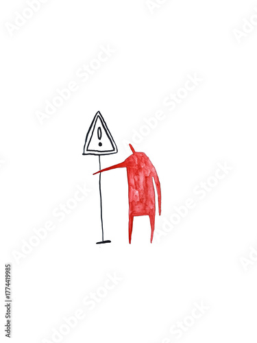 Hand paint cartoon man with a stop sign in his hand. Watercolor people.