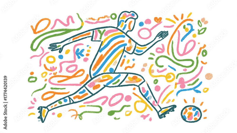 Naklejka premium Abstract crayon-style line drawing of soccer player kicking ball, modern minimalist sports art