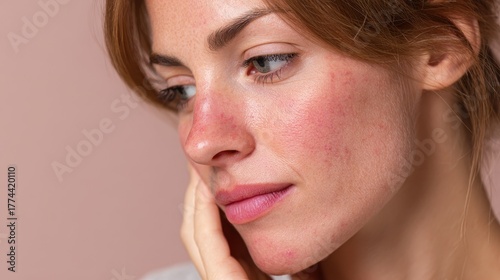 Close up image of a young Caucasian woman with severe rosacea and pink acne on her face set against a beige background