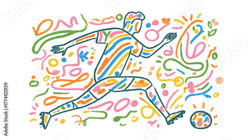 Abstract crayon-style line drawing of soccer player kicking ball, modern minimalist sports art