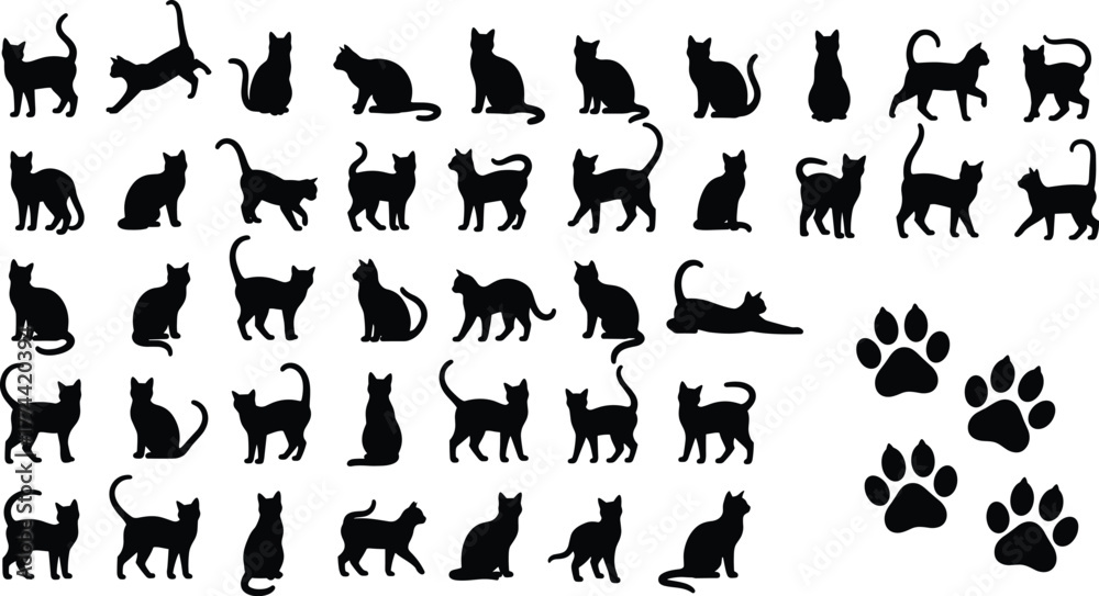 Fototapeta premium Cat silhouette vector set, walking sitting stretching poses, editable black graphic collection, paw print icons, pet themed illustration, animal design elements