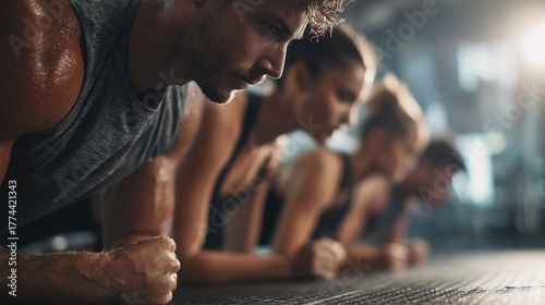 Group fitness training with a personal trainer focusing on plank exercises for weight loss featuring men and women in a strength challenge at the gym