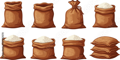 Burlap sack illustration, rice storage, woven texture, agricultural packaging, food supply, vector art, realistic style, empty bags, filled sacks, grain