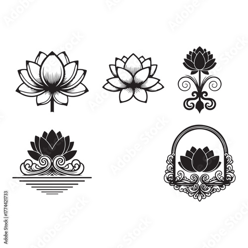 Collection of lotus flower isolated on white background in different style