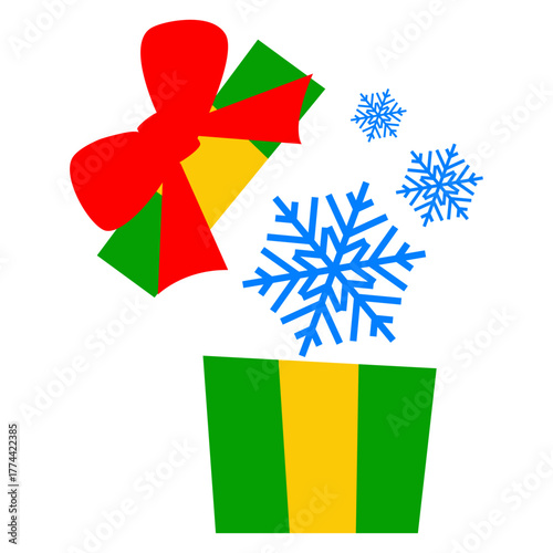 Logo con copos de nieve saliendo de caja de regalo para tarjetas y felicitaciones de Navidad