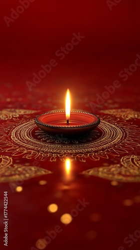 Golden Diya Lamp on Ornate Rangoli with Warm Festive Light Bokeh on a golden mandala on a red background
